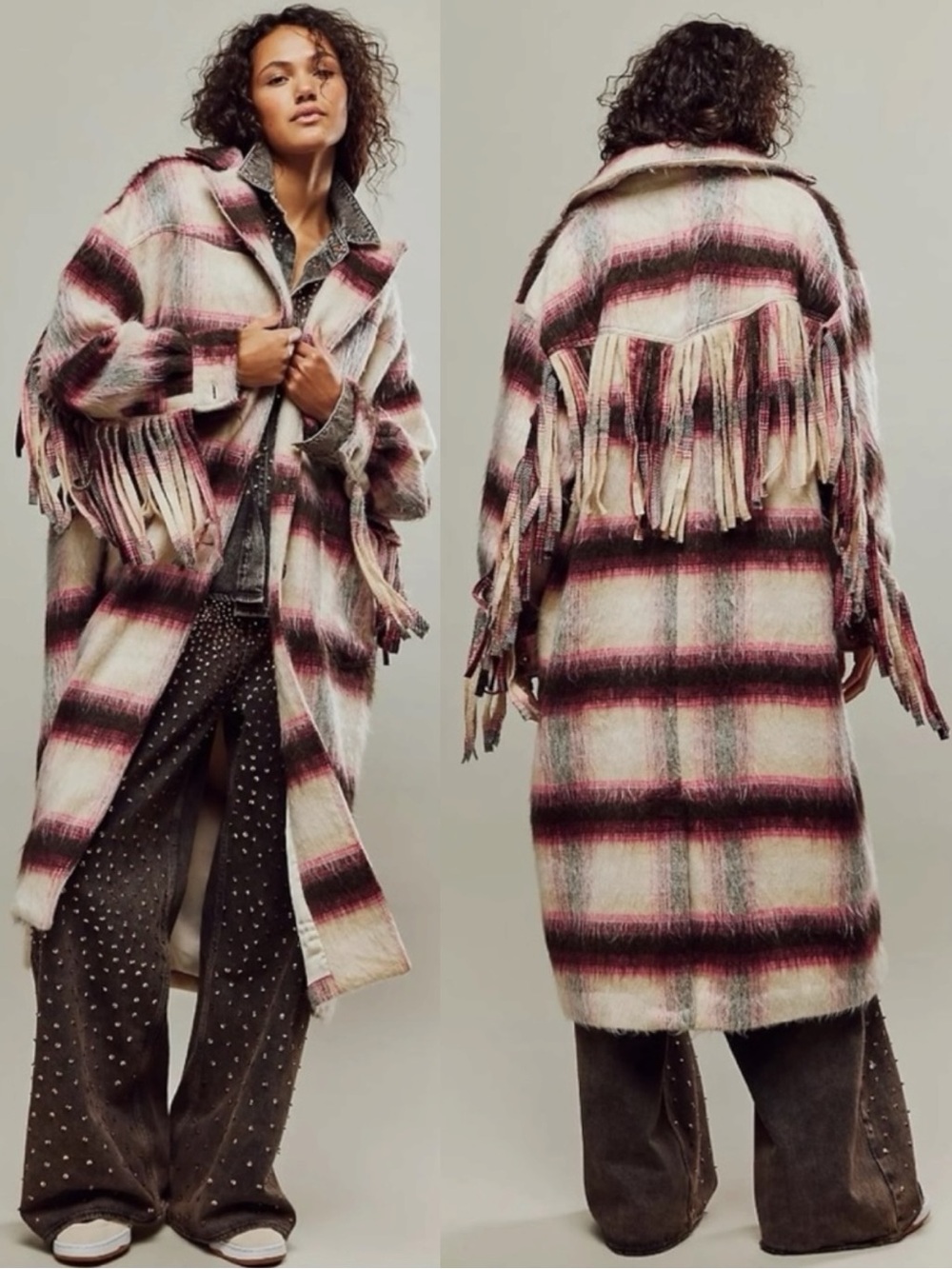 Free People Bali Bohemian Western Plaid Fringe Pressley Wool Coat Medium Large